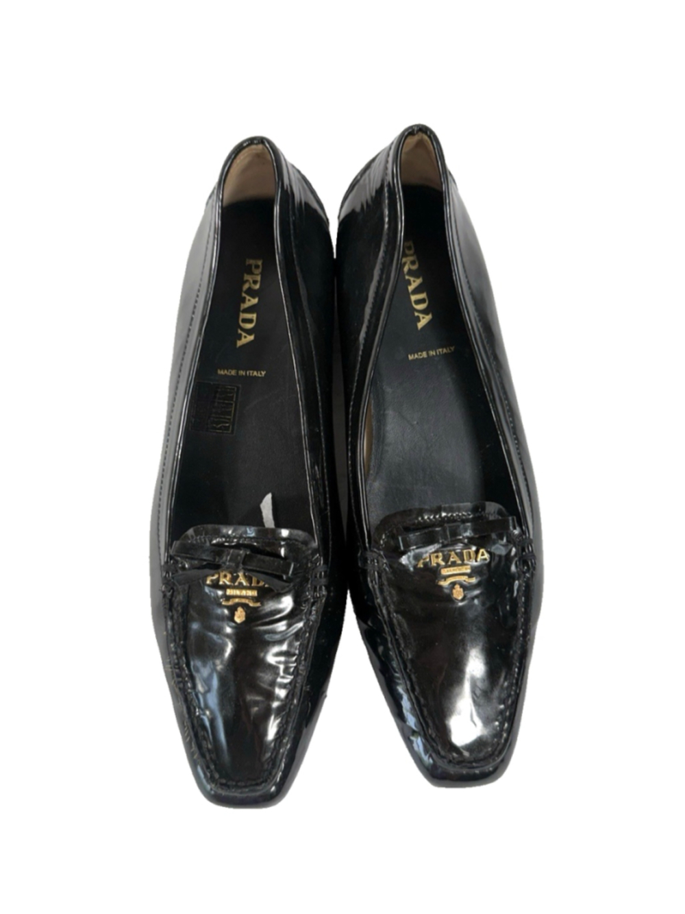 Prada Patent Leather Black Loafers bow and gold accent Size 39.5 us size 9.5